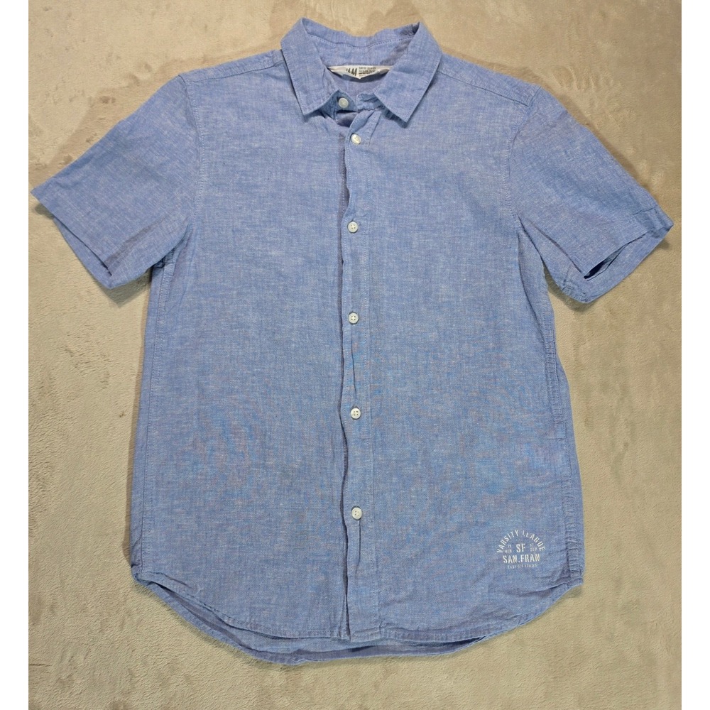 H&M Boys Linen Blend Button Up Shirt Blue Short Sleeve Size 11-12Y Lightweight